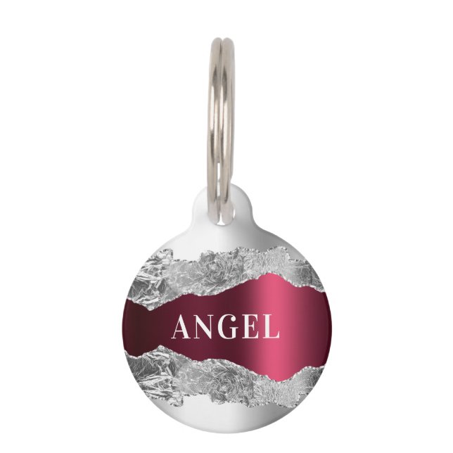 Placa Para Mascotas Nombre de mármol de aguamarina de plata (Anverso)