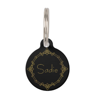 Placa Para Mascotas Nombre de mascota ornamental negro y amarillo dora