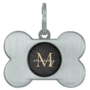 Placa Para Mascotas Nombre de Mascota Personalizado Botánico Negro Scr
