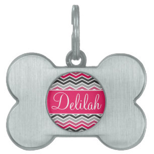 Placa Para Mascotas Nombre del Chevron gris rosa