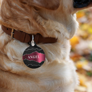 Placa Para Mascotas Nombre del purpurina de mármol negro burgundy de p