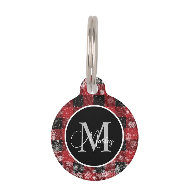 Placa Para Mascotas Nombre Monograma Copos de Nieve Cuadro Búfalo Rojo (Anverso)
