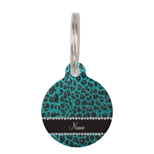 Placa Para Mascotas Nombre personalizado brillo aqua glitter estampado