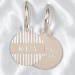 Placa Para Mascotas Nombre Personalizado Chic Femenino Rayas Beige Mod