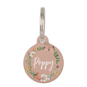 Placa Para Mascotas Nombre personalizado de floral rosa