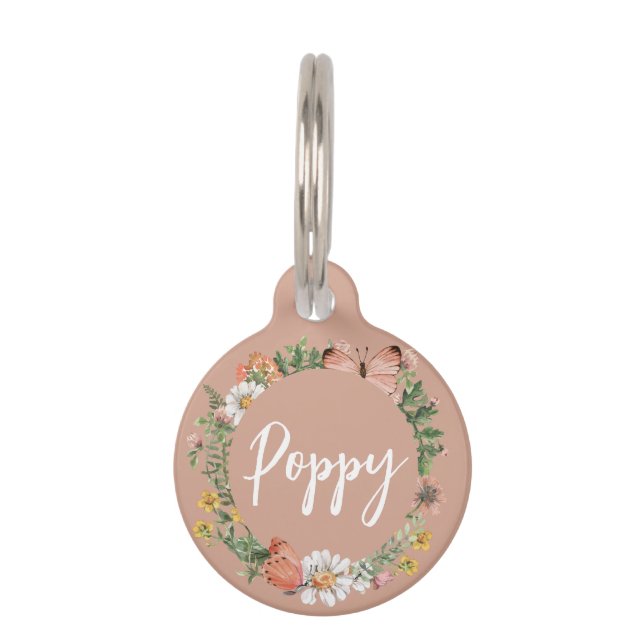 Placa Para Mascotas Nombre personalizado de floral rosa (Anverso)