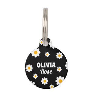 Placa Para Mascotas Nombre personalizado hippie de Retro Black Daisy 7
