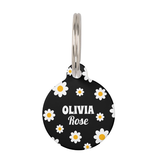 Placa Para Mascotas Nombre personalizado hippie de Retro Black Daisy 7 (Anverso)