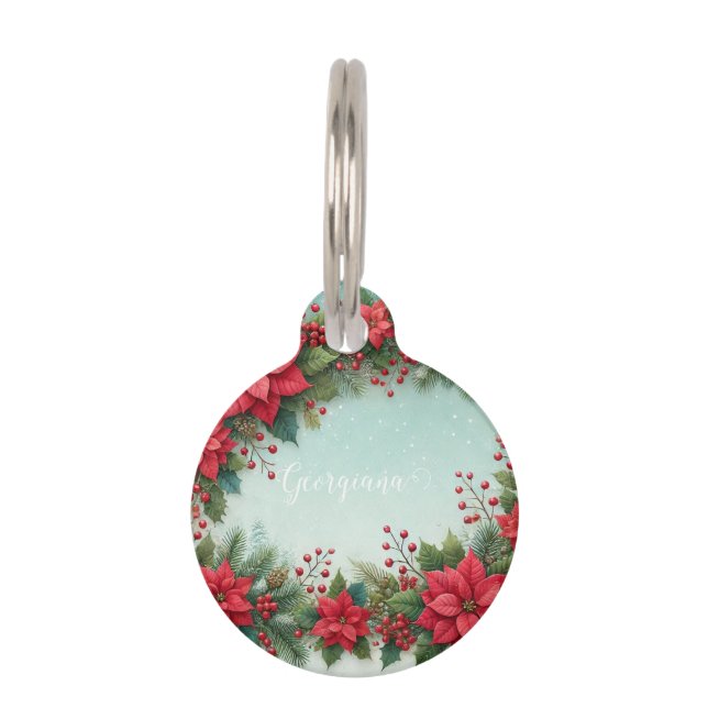 Placa Para Mascotas Nombre personalizado Navidades acuarela floral Poi (Anverso)