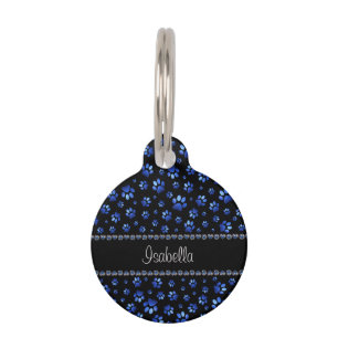Placa Para Mascotas Nombre personalizado, patas de perro azul brillant