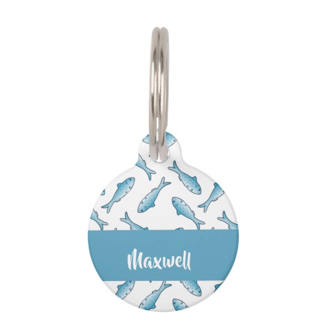 Placa Para Mascotas Nombre personalizado pez azul en blanco (Anverso)