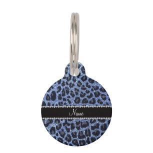 Placa Para Mascotas Nombre personalizado purpurina azul claro leopardo