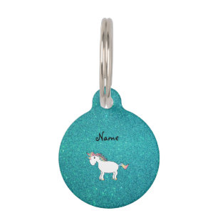 Placa Para Mascotas Nombre personalizado purpurina turquesa unicornio