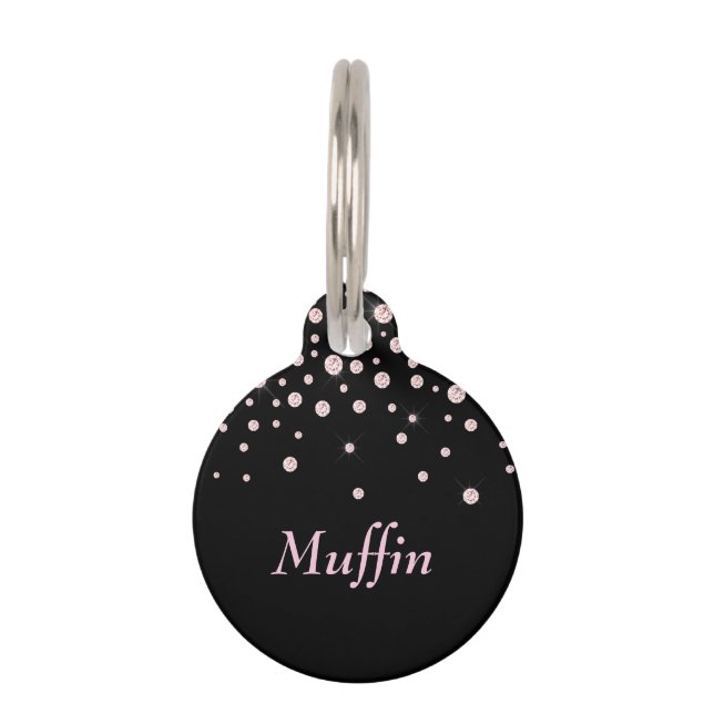 Placa Para Mascotas Nombre rosa y diamantes rosados sobre negro (Anverso)