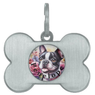 Placa Para Mascotas Nombre y cutis y flores de perro divertidas acuare