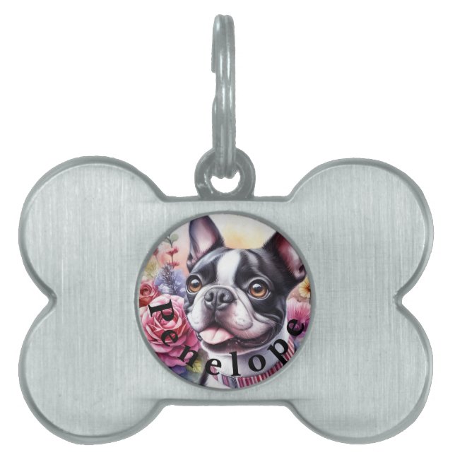 Placa Para Mascotas Nombre y cutis y flores de perro divertidas acuare (Frente)