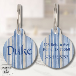 Placa Para Mascotas Nombre y patrón de rayas en azul y beige