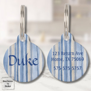 Placa Para Mascotas Nombre y patrón de rayas en azul y beige