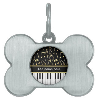 Placa Para Mascotas Notas musicales y claves de piano negro y oro