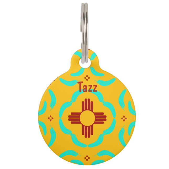 Placa Para Mascotas Nuevo México Red Zia Turquoise Feathers (Anverso)