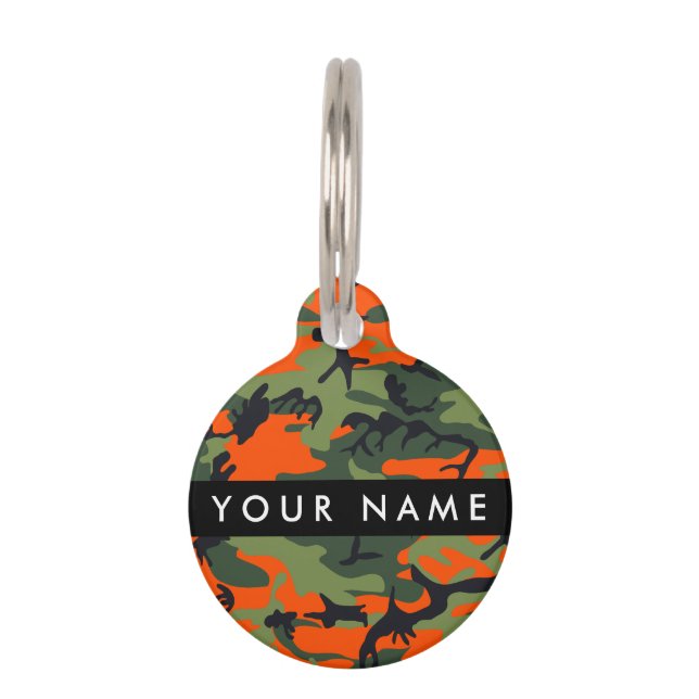 Placa Para Mascotas Orange Camouflage Pattern, Your name, Personalize (Anverso)