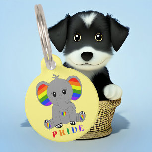 Placa Para Mascotas Orgullo gay LGBTQ - elefante lindo con bandera de