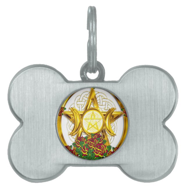 Placa Para Mascotas Oro Del Pentáculo De Wiccan Pagan Con Rosas (Frente)