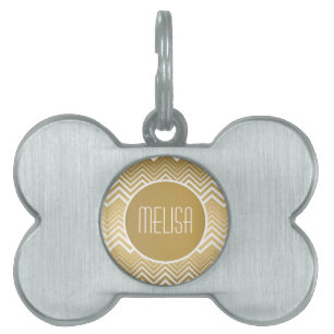 Placa Para Mascotas Oro Monogramado Y Zigzag Blanco Chevron
