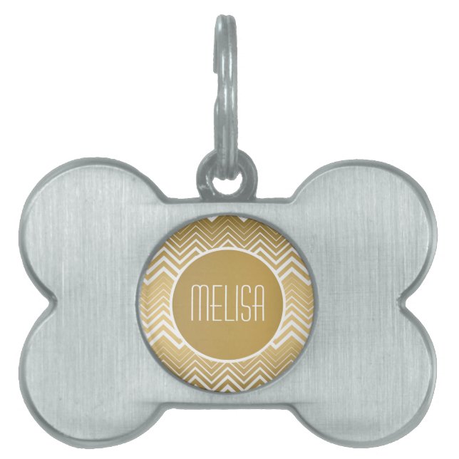 Placa Para Mascotas Oro Monogramado Y Zigzag Blanco Chevron (Frente)