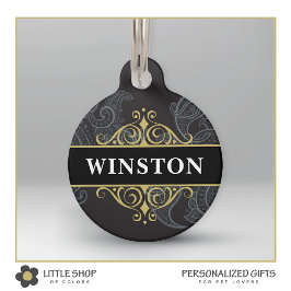Placa Para Mascotas Oro Negro Paisley Personalizado