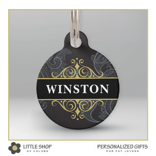 Placa Para Mascotas Oro Negro Paisley Personalizado