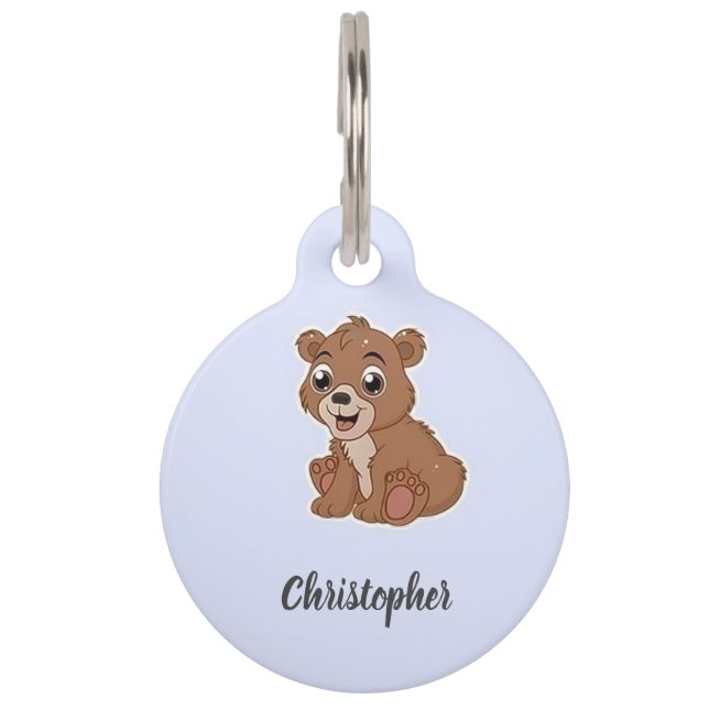 Placa Para Mascotas Oso marrón lindo azul (Anverso)