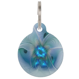 Placa Para Mascotas Ovaciones de pie, fractal azul turquesa abstracto