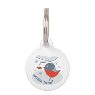 Placa Para Mascotas Pájaro bullfinch de invierno y bayas rojas