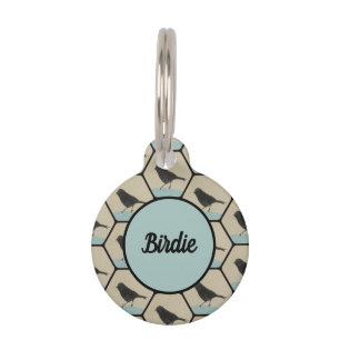 Placa Para Mascotas Pájaros negros en percha azul turquesa