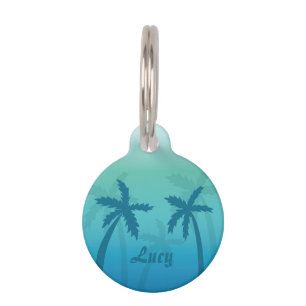 Placa Para Mascotas Palmeras Tropicales Azul Aqua Con Nombre Personali