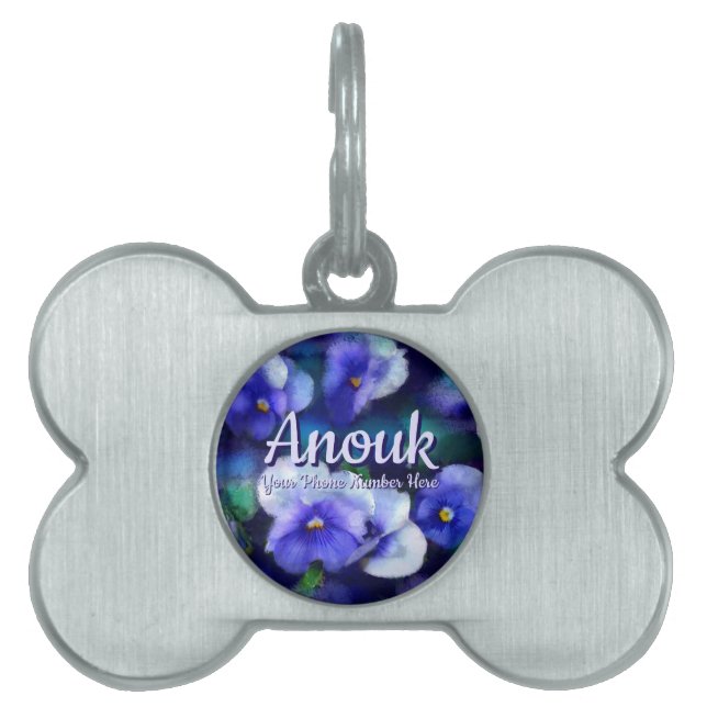 Placa Para Mascotas Pansias azules Pansy Flor Floral personalizada (Frente)