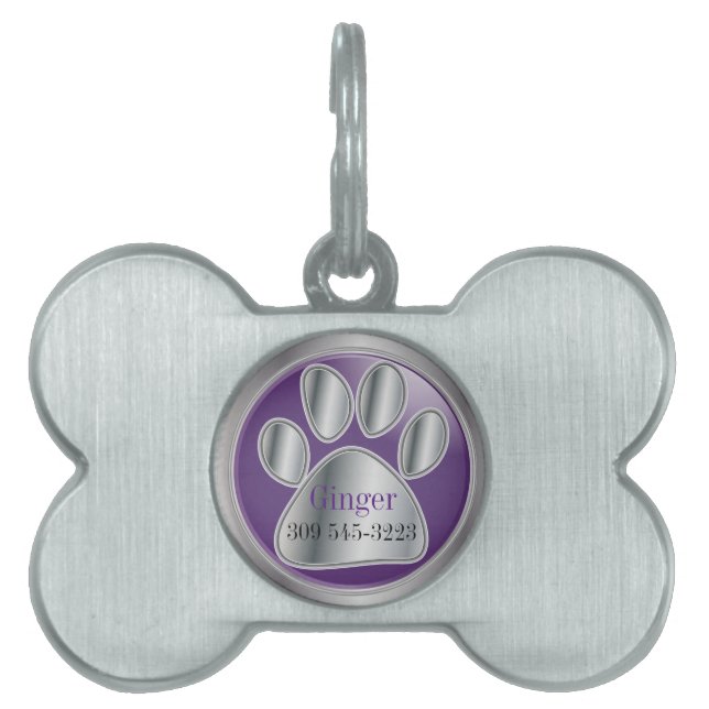 Placa Para Mascotas Papel morado y plateado | Personalizar (Frente)