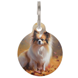 Placa Para Mascotas Papillon en hojas de otoño caídas inspira