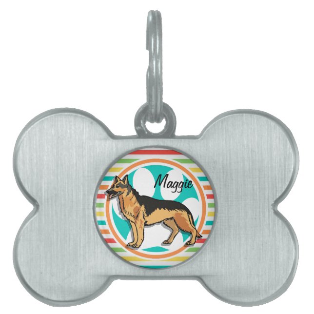 Placa Para Mascotas Pastel alemán; franjas de arcoiris brillantes (Frente)