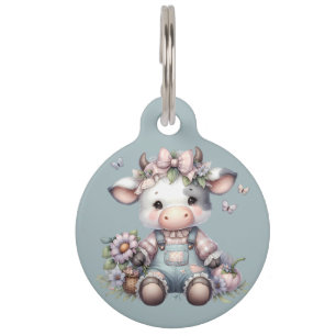 Placa Para Mascotas Pastel dulce de vaca bebé en overoles con flores