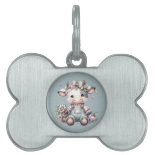 Placa Para Mascotas Pastel dulce de vaca bebé en overoles con flores