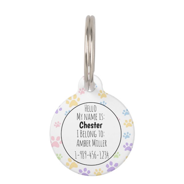 Placa Para Mascotas Pastel Paw Print Pattern (Reverso)