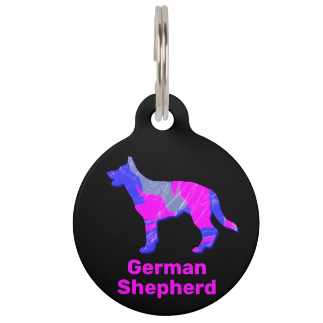 Placa Para Mascotas Pastor alemán Perro cachorro rosa caliente y azul (Anverso)