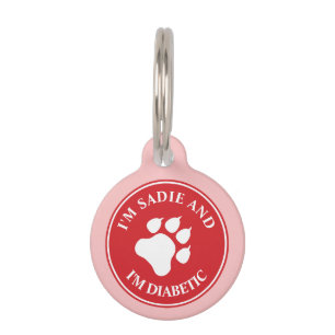 Placa Para Mascotas Pata Roja Y Blanca Con Texto Diabético