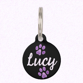 Placa Para Mascotas Patas de mascota negras y lavanda y Lucy con nombr