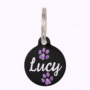 Placa Para Mascotas Patas de mascota negras y lavanda y Lucy con nombr