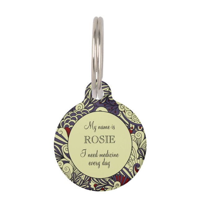 Placa Para Mascotas Patrón Botánico Púrpura Personalizado Pequeño (Anverso)