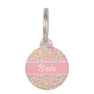 Placa Para Mascotas Patrón de Cactus Rosado Personalizado Perro de Cac