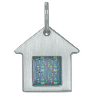 Placa Para Mascotas patrón de cactus y ladybug - fondo azul